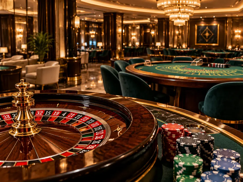 Lounge kasino win33 dengan meja roulette dan pencahayaan hangat