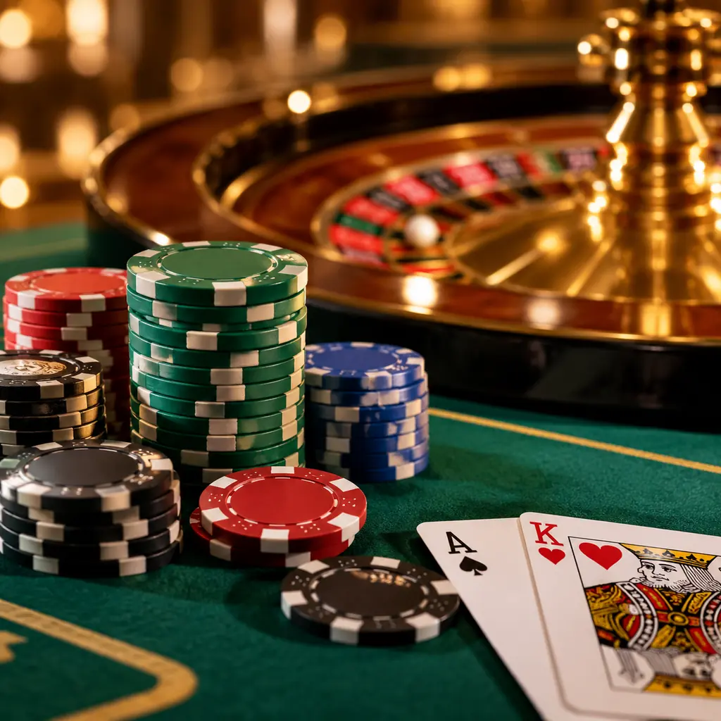 Chip kasino dan roda roulette sebagai detail brand win33