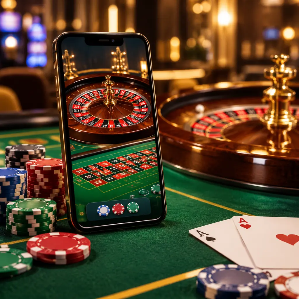 Ponsel menampilkan meja kasino win33 di atas felt hijau