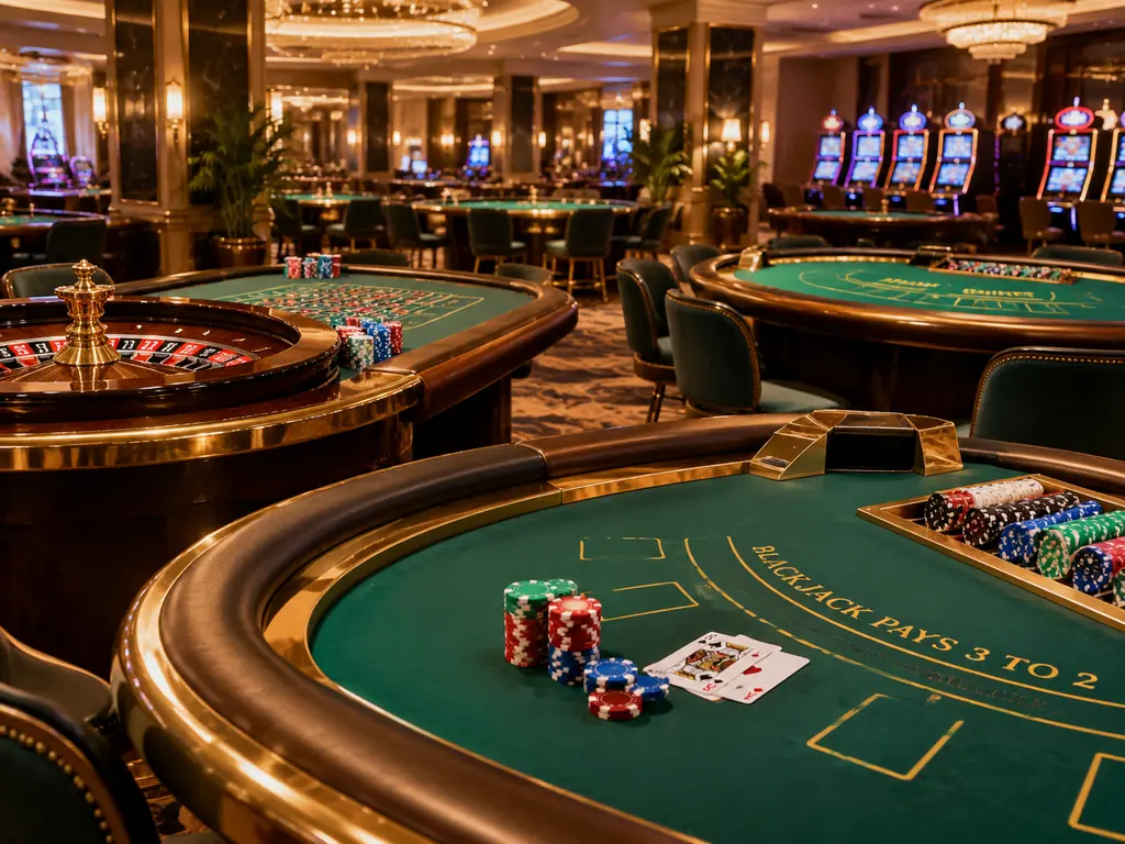 Beragam meja permainan kasino win33 dengan chip dan kartu