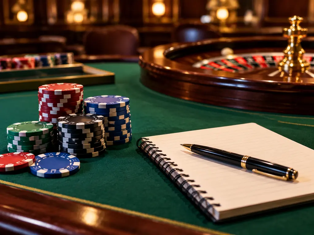 Panduan bantuan kasino win33 dengan chip dan catatan di meja
