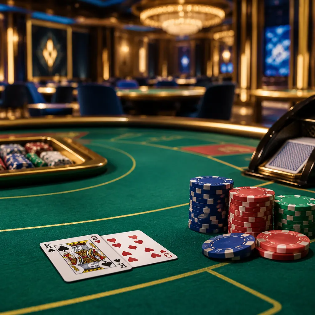 Meja bakarat kasino langsung win33 dengan kartu dan chip