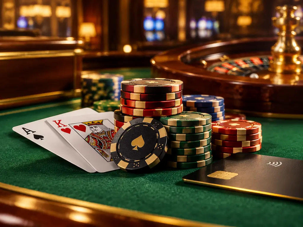 Chip dan kartu kasino win33 dengan tema transaksi
