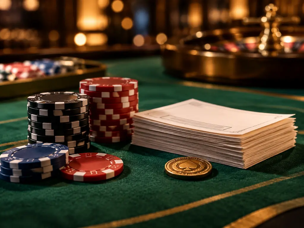Transaksi kasino win33 dengan chip dan kertas catatan di meja hijau