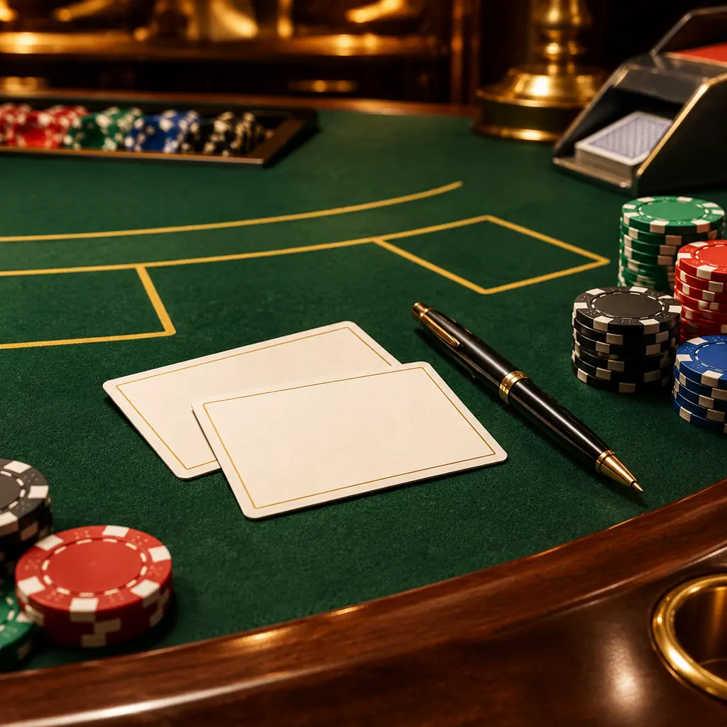 Kartu pendaftaran dan chip di meja blackjack kasino win33
