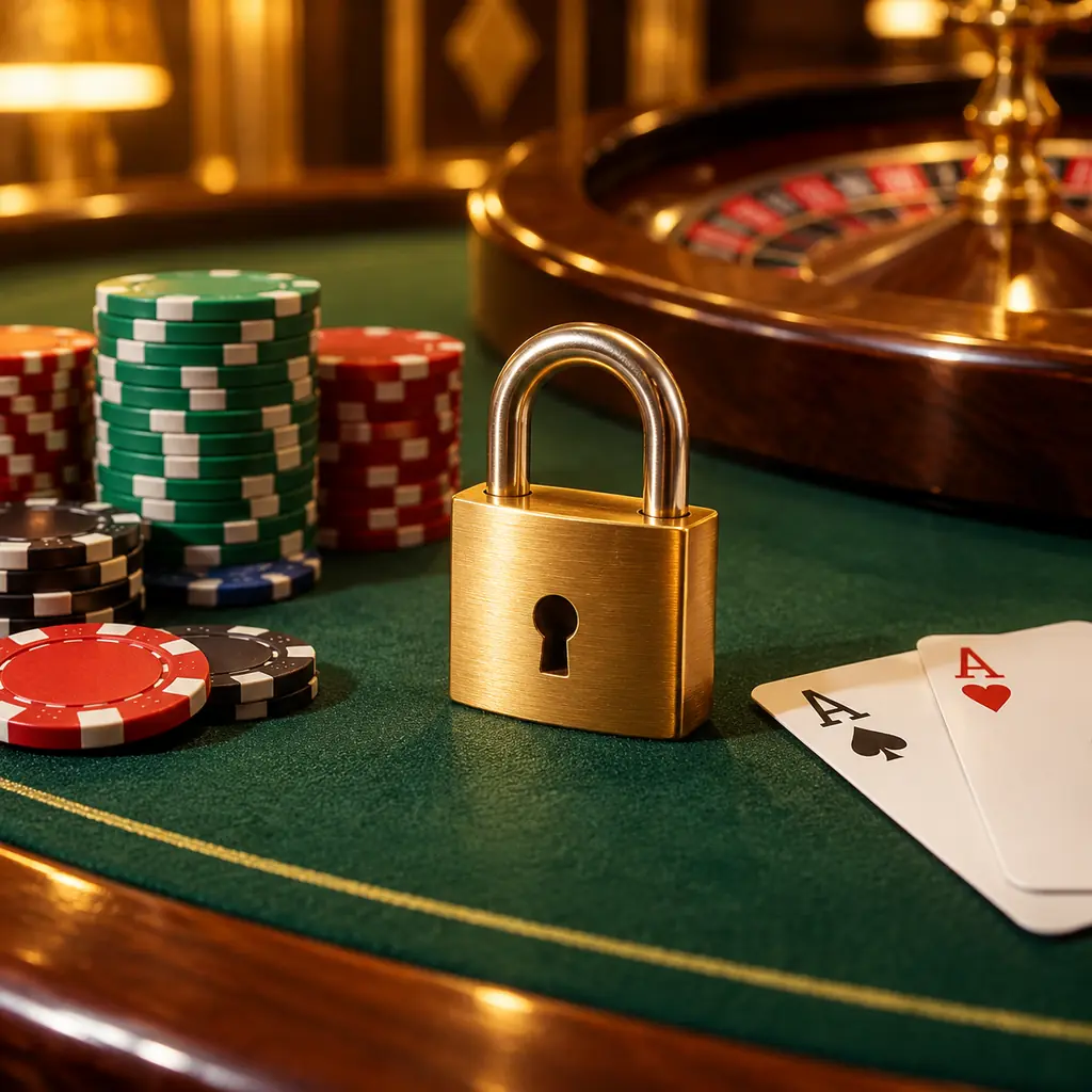 Keamanan akun kasino win33 dengan gembok dan chip di meja hijau