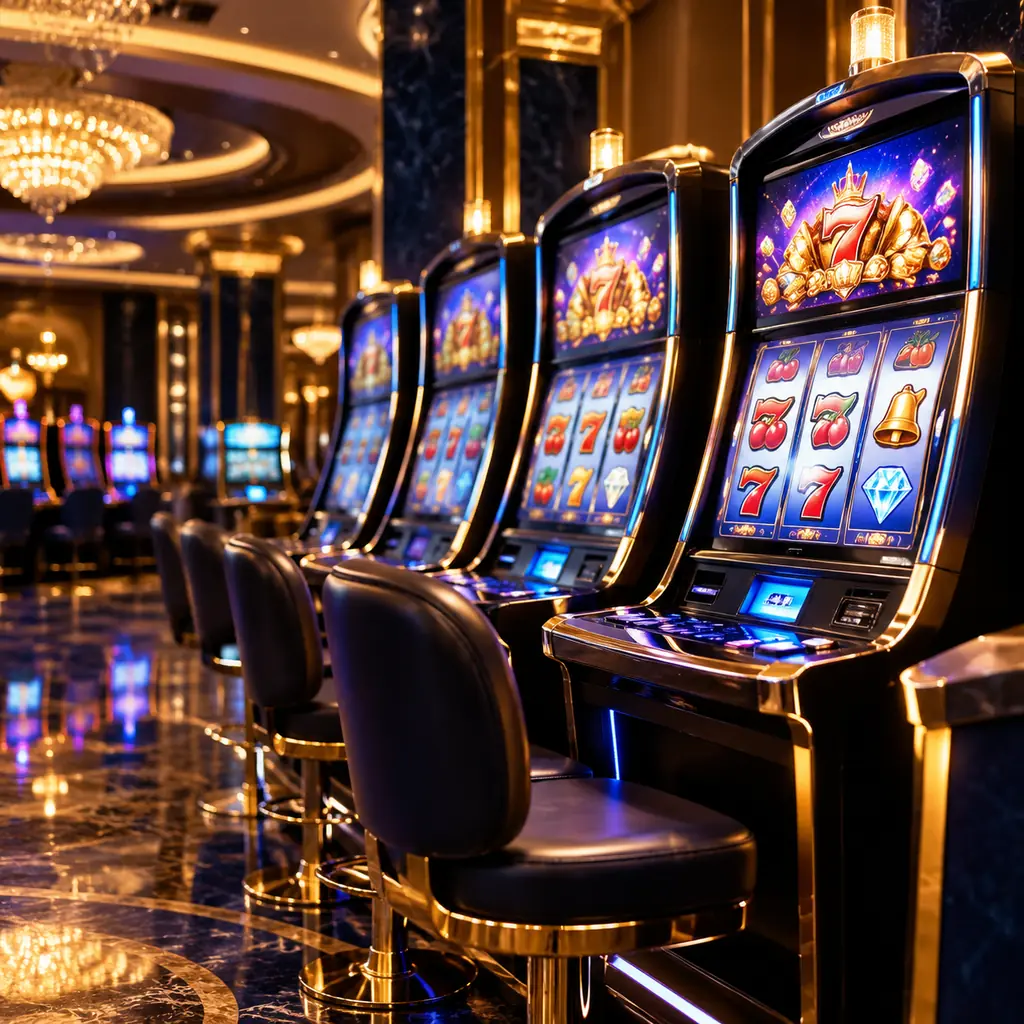 Deretan mesin slot kasino win33 dengan lampu warna-warni