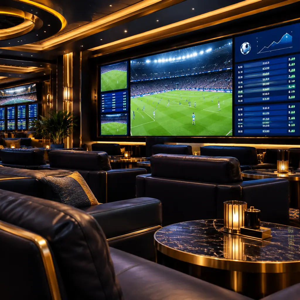 Ruang sportsbook kasino win33 dengan layar pertandingan